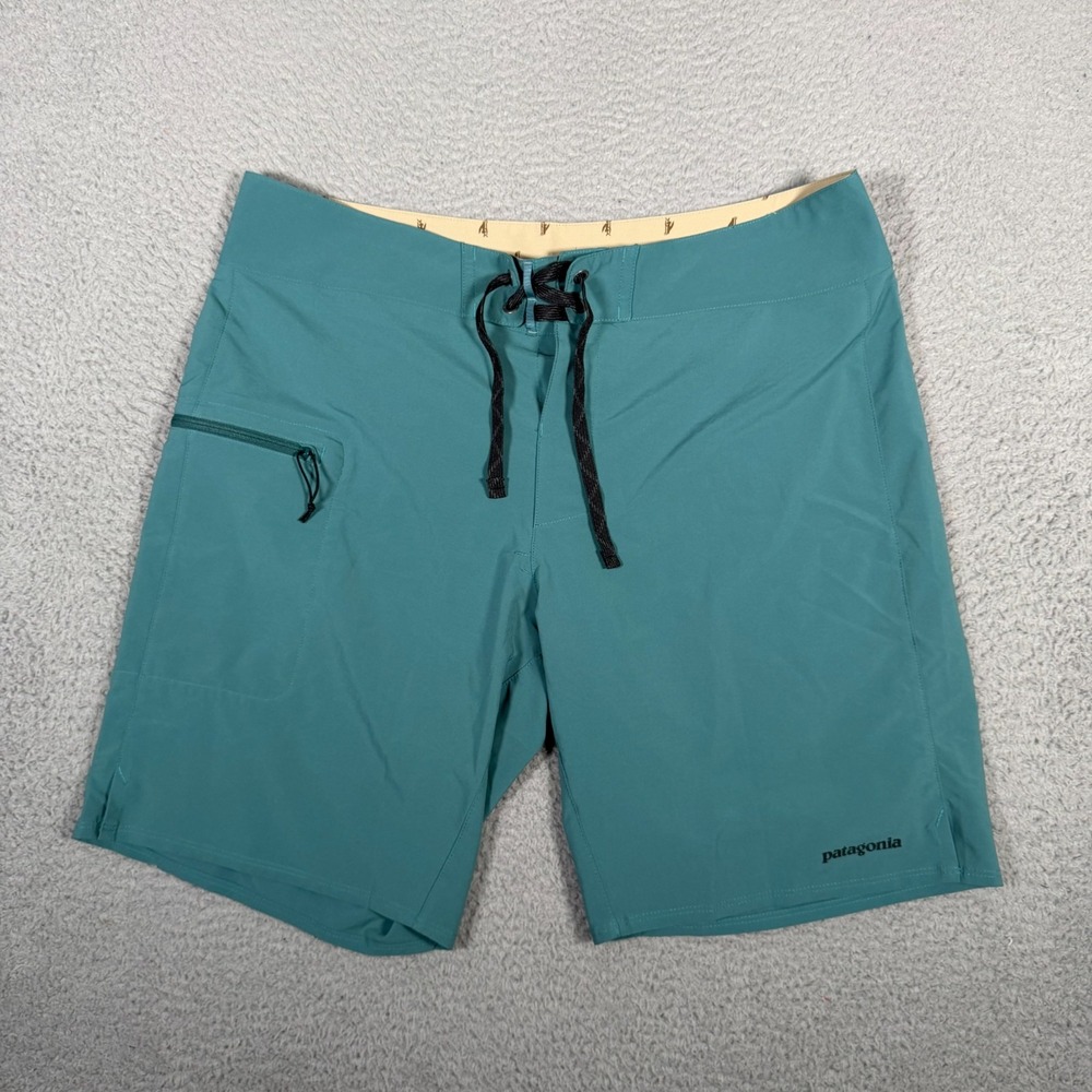 Patagonia Board Shorts Mens 34 Blue Green Stretch Planing Swim Surf 9" Unlined